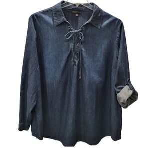 Lane Bryant Denim Style 100% Cotton Lace-Up Women's Size 22/24 Roll-Up Sleeves